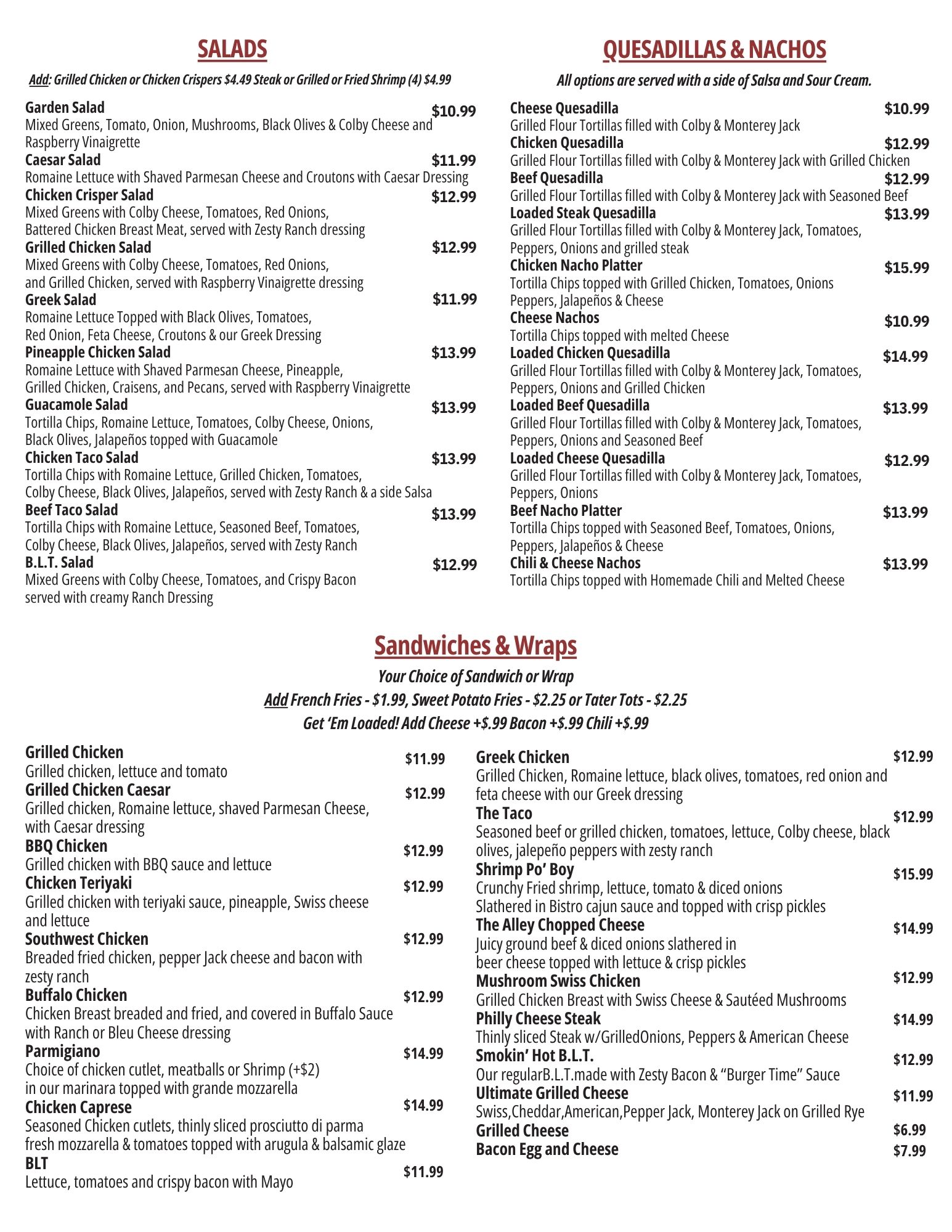 The Alley Pizza Lounge Menu Page 2